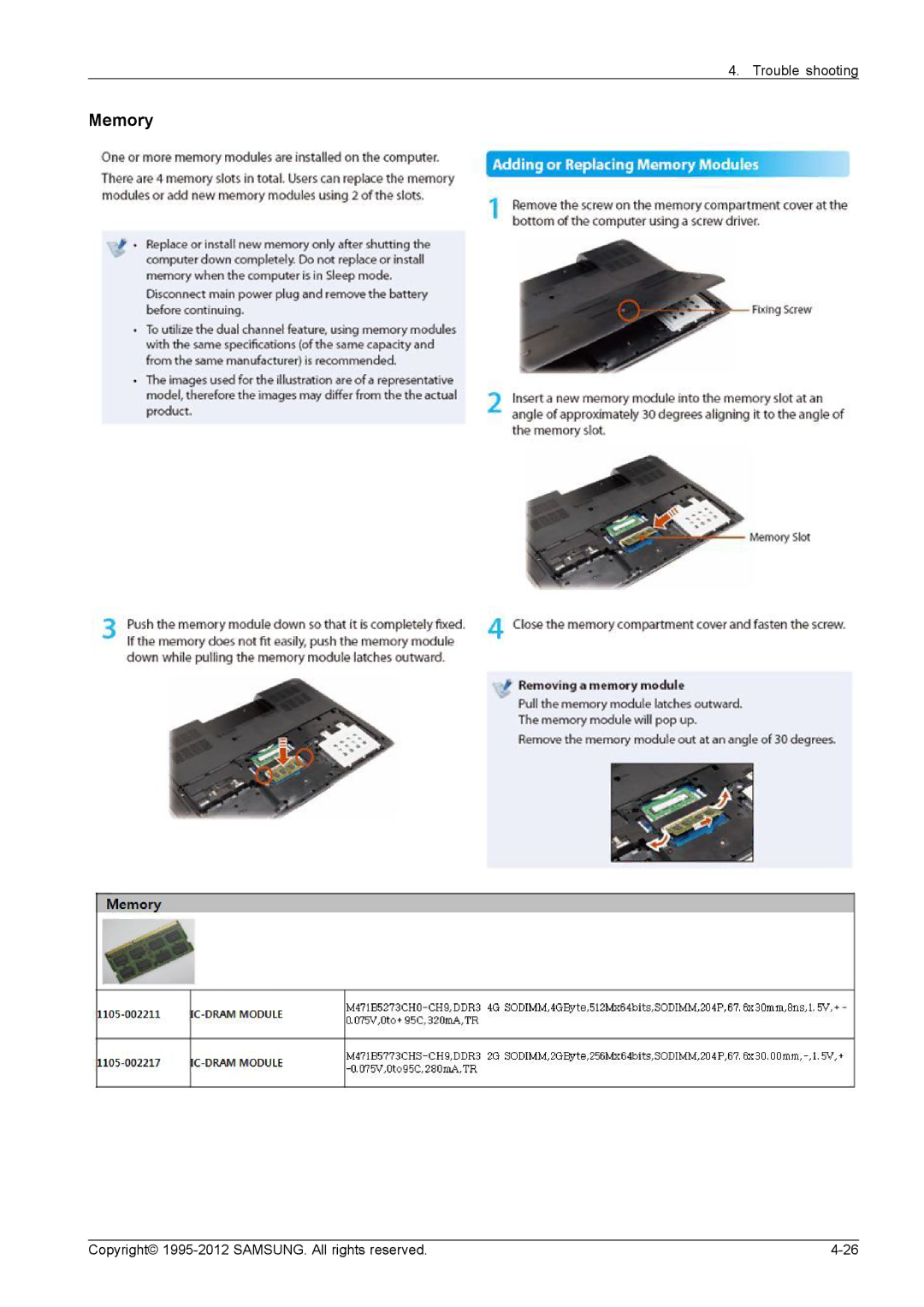 Samsung NP700G7C-T01US, NP700G7CS02US service manual Memory 