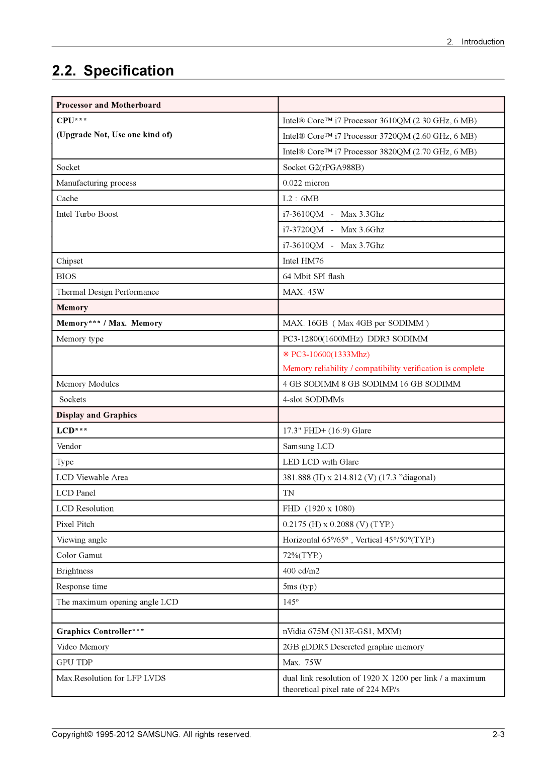 Samsung NP700G7C-T01US, NP700G7CS02US service manual Specification 