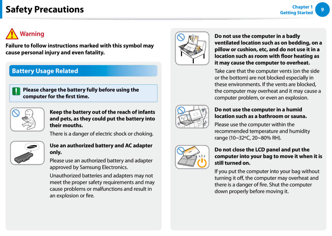 Samsung NP700Z5C-S02US, NP700Z5C-S04US manual Battery Usage Related, There is a danger of electric shock or choking 