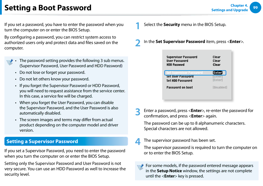 Samsung NP700Z5C-S02US, NP700Z5C-S04US, NP700Z7C-S03US manual Setting a Boot Password, Setting a Supervisor Password 