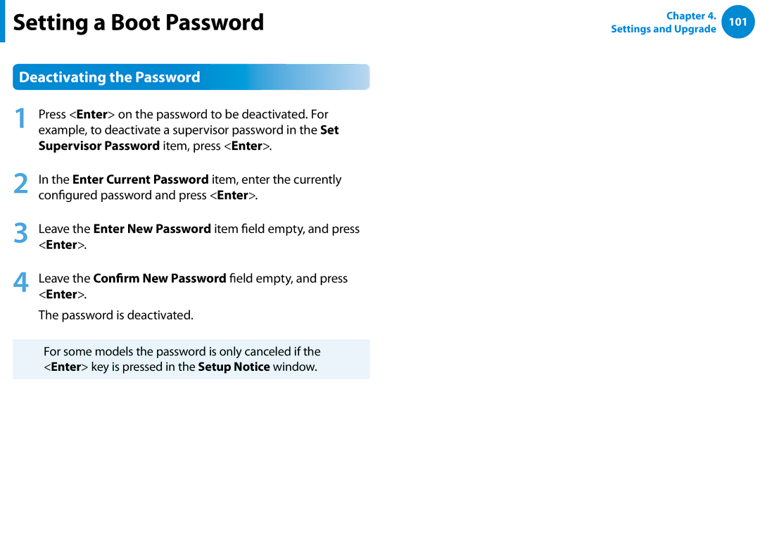 Samsung NP700Z5C-S04US, NP700Z5C-S02US, NP700Z7C-S03US Deactivating the Password, Supervisor Password item, press Enter 