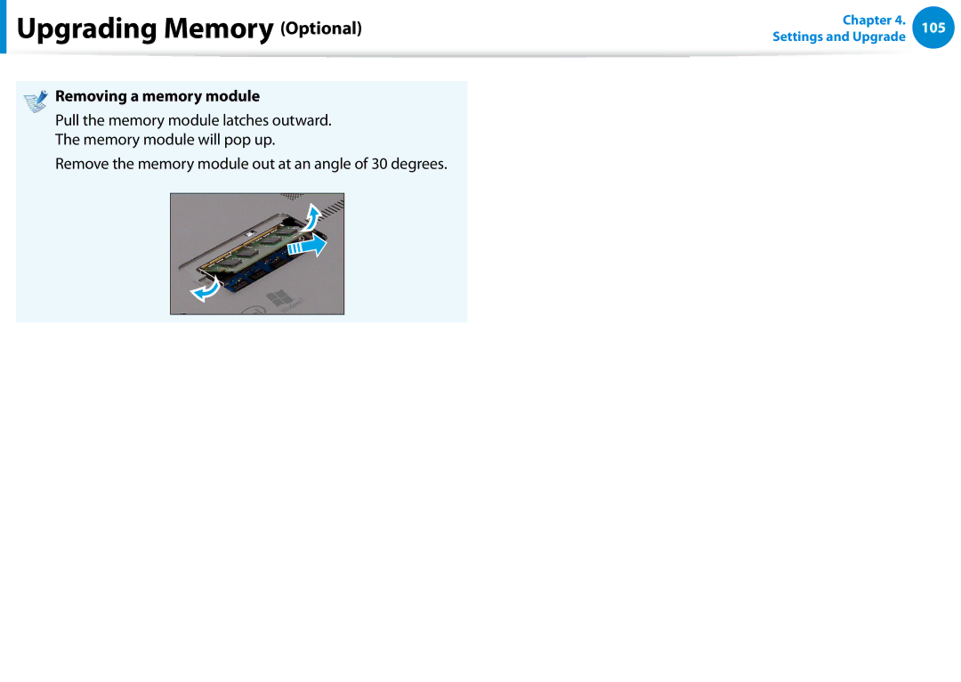 Samsung NP700Z5C-S02US, NP700Z5C-S04US Removing a memory module, Remove the memory module out at an angle of 30 degrees 