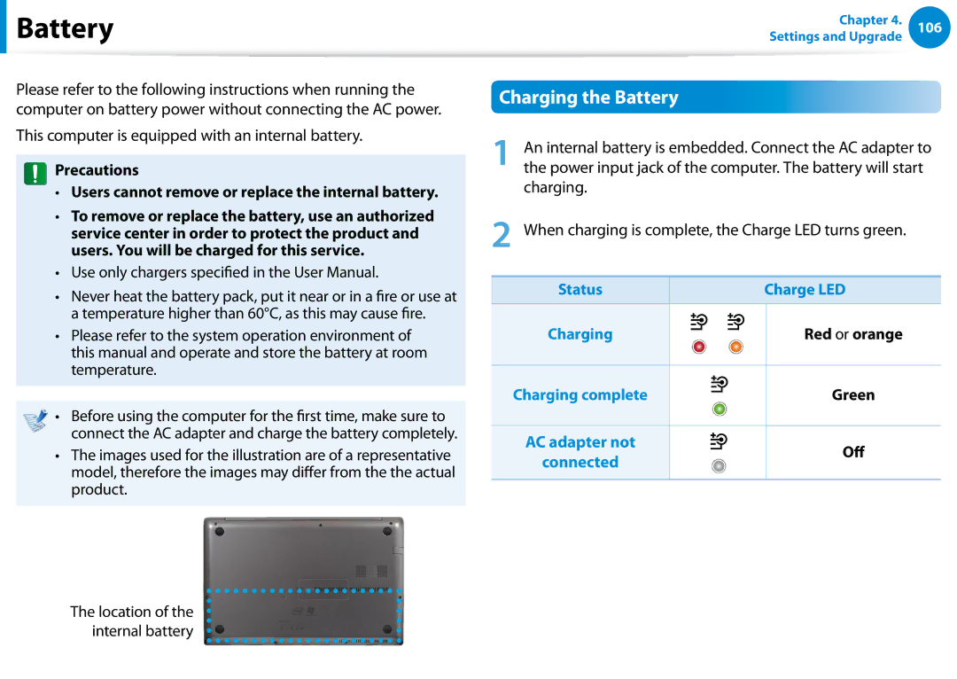 Samsung NP700Z7C-S03US manual Charging the Battery, This computer is equipped with an internal battery, Charge LED 