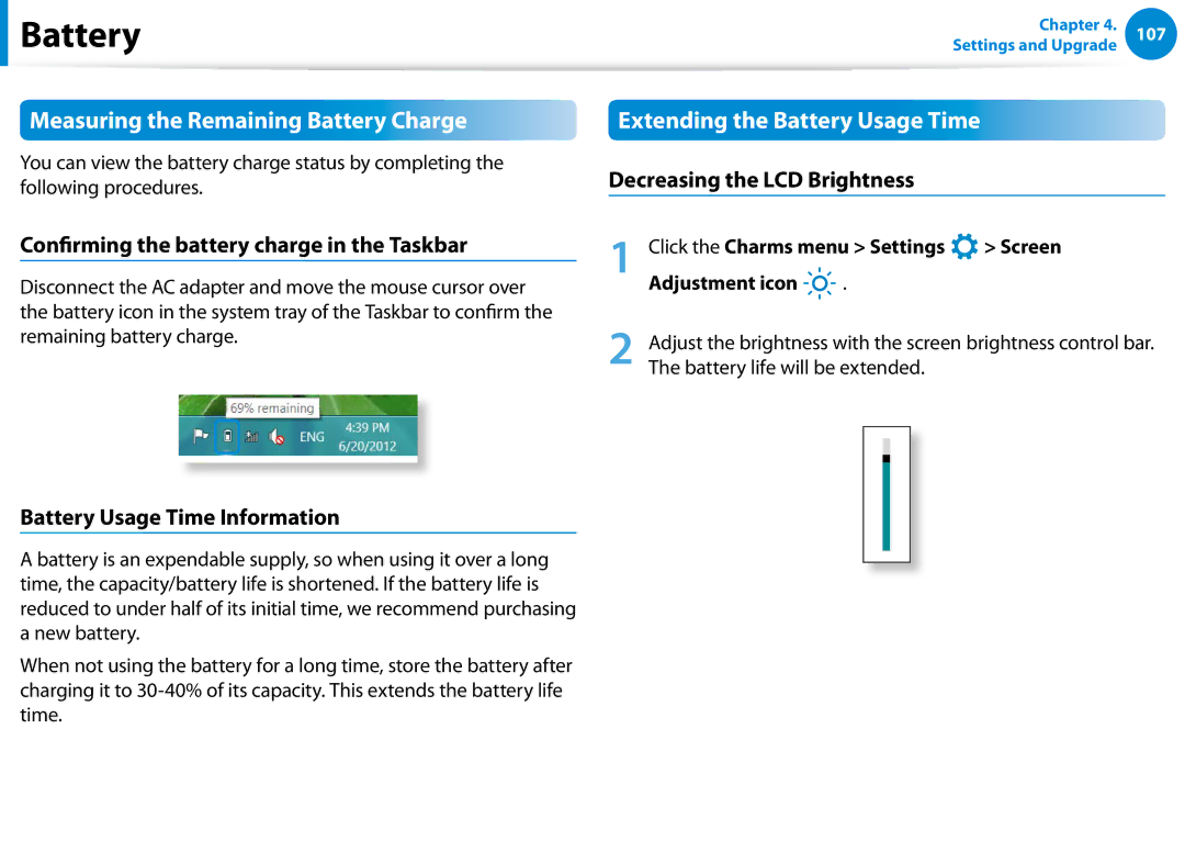 Samsung NP700Z5C-S04US, NP700Z5C-S02US manual Measuring the Remaining Battery Charge, Extending the Battery Usage Time 