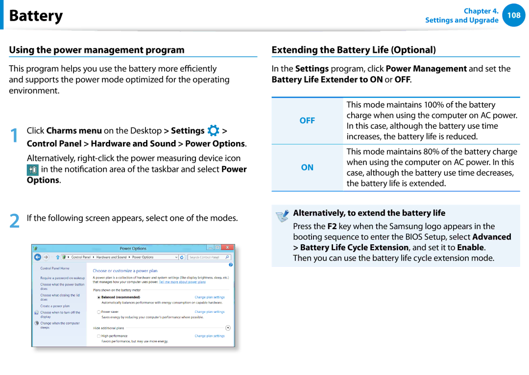 Samsung NP700Z5C-S02US, NP700Z5C-S04US Using the power management program, Extending the Battery Life Optional, Options 
