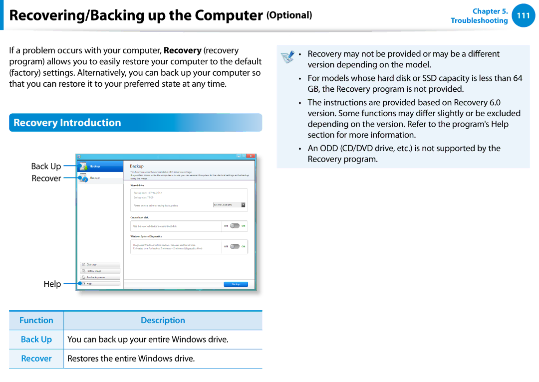 Samsung NP700Z5C-S02US manual Recovering/Backing up the Computer Optional, Recovery Introduction, Function Description 