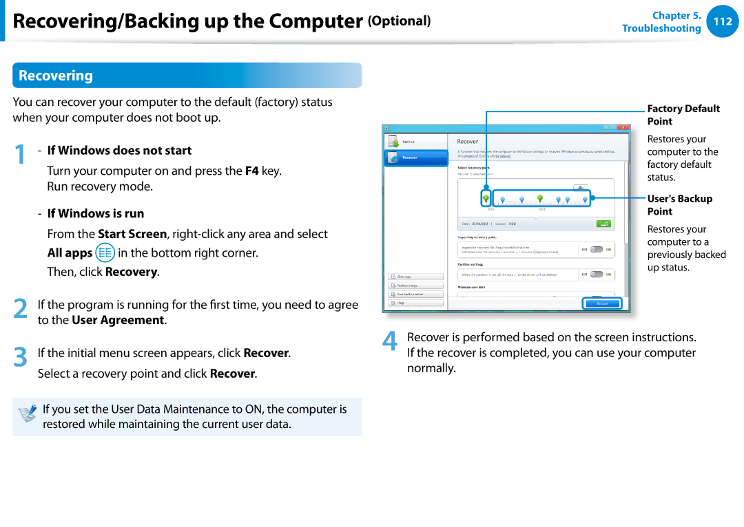 Samsung NP700Z7C-S03US, NP700Z5C-S04US Recovering, If Windows does not start, If Windows is run, To the User Agreement 