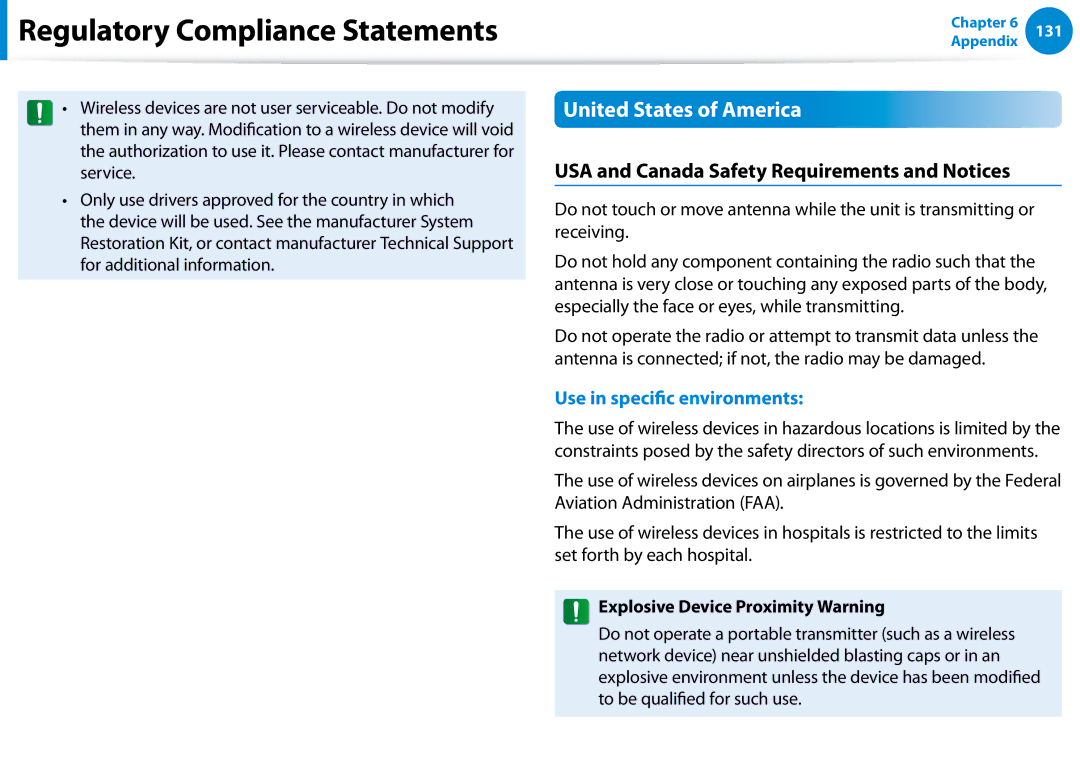 Samsung NP700Z5C-S04US, NP700Z5C-S02US manual United States of America, USA and Canada Safety Requirements and Notices 