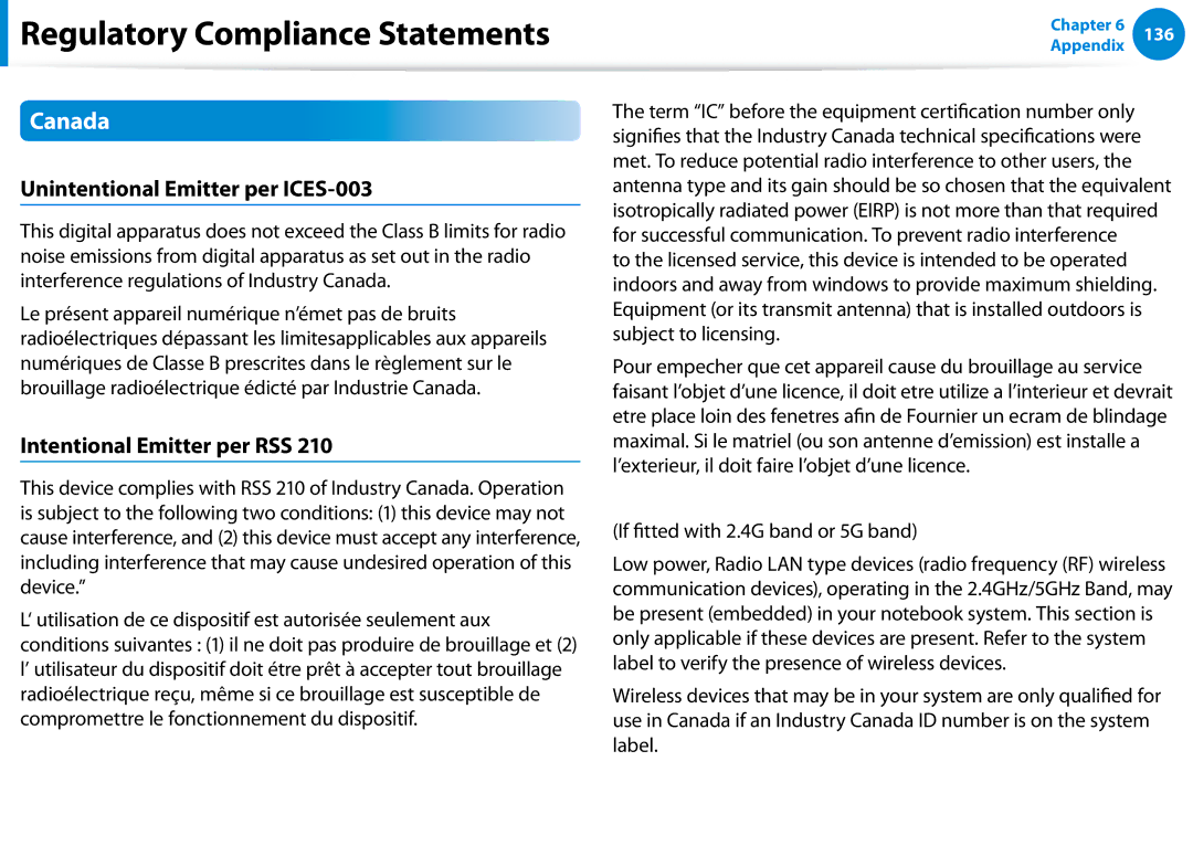 Samsung NP700Z7C-S03US, NP700Z5C-S04US manual Canada, Unintentional Emitter per ICES-003, Intentional Emitter per RSS 