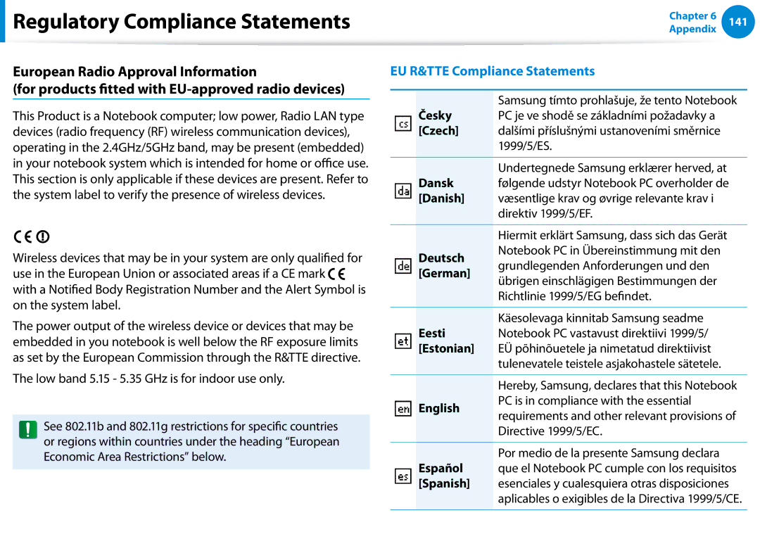 Samsung NP700Z5C-S02US manual Česky, Czech, Dansk, Danish, Deutsch, German, Eesti, Estonian, English, Español, Spanish 