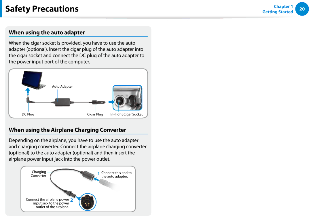 Samsung NP700Z5C-S04US, NP700Z5C-S02US manual When using the auto adapter, When using the Airplane Charging Converter 