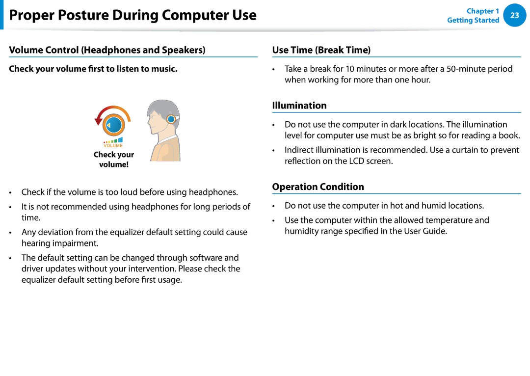 Samsung NP700Z5C-S04US Volume Control Headphones and Speakers, Use Time Break Time, Illumination, Operation Condition 