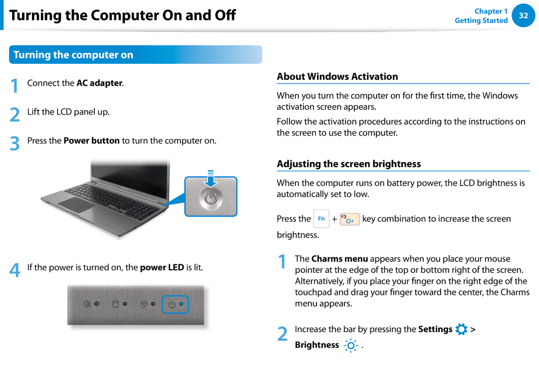 Samsung NP700Z5C-S04US Turning the Computer On and Off, Turning the computer on, About Windows Activation, Brightness 