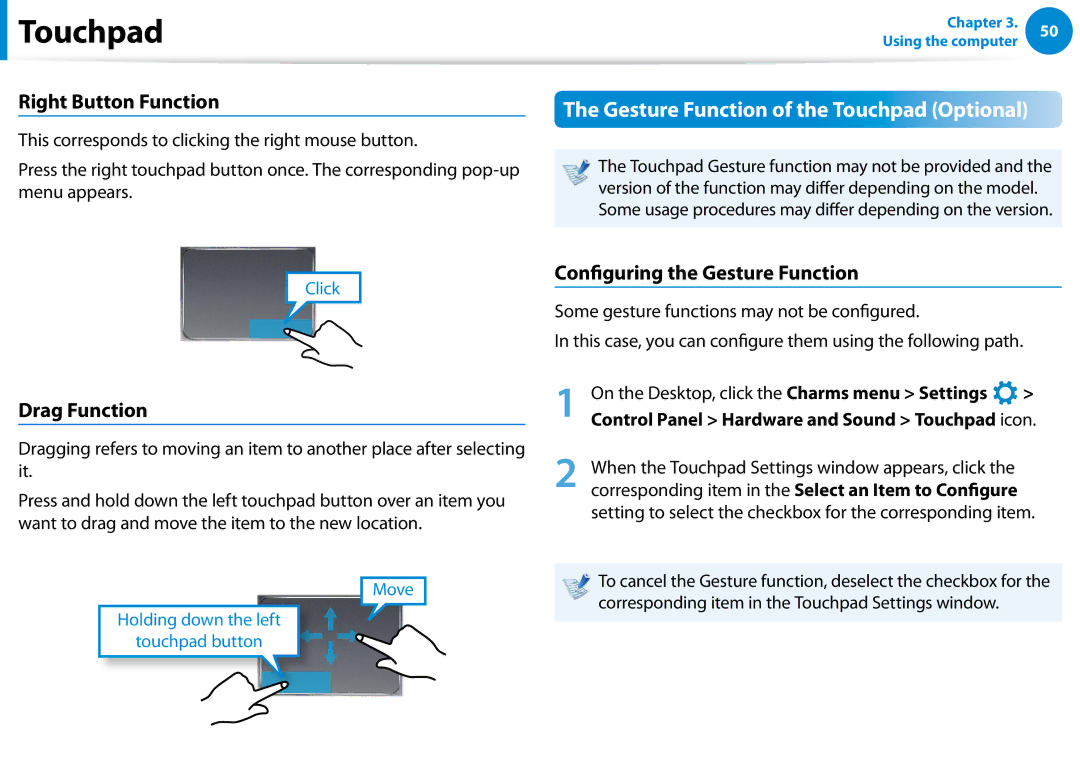 Samsung NP700Z5C-S04US, NP700Z5C-S02US manual Right Button Function, Drag Function, Configuring the Gesture Function 