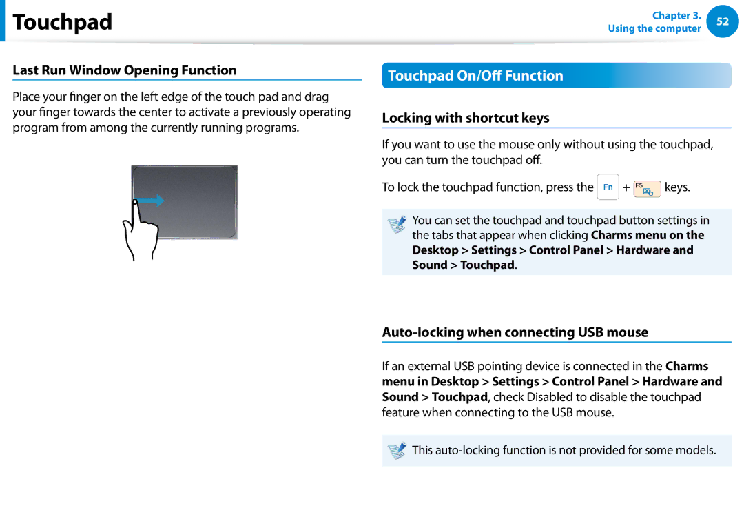 Samsung NP700Z7C-S03US manual Touchpad On/Off Function, Last Run Window Opening Function, Locking with shortcut keys 