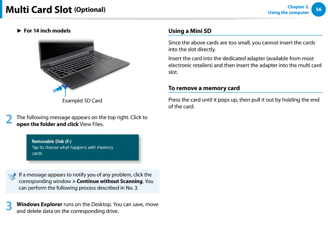 Samsung NP700Z5C-S04US, NP700Z5C-S02US, NP700Z7C-S03US manual Using a Mini SD, To remove a memory card, For 14 inch models 