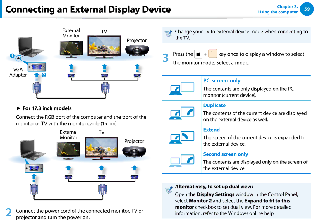 Samsung NP700Z5C-S04US, NP700Z5C-S02US manual Duplicate, Extend, Second screen only, Alternatively, to set up dual view 