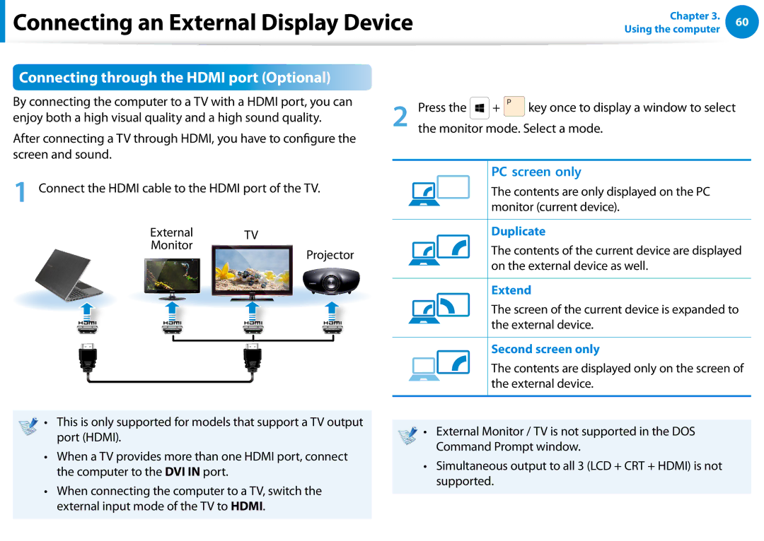 Samsung NP700Z5C-S02US, NP700Z5C-S04US, NP700Z7C-S03US manual Connecting through the Hdmi port Optional 