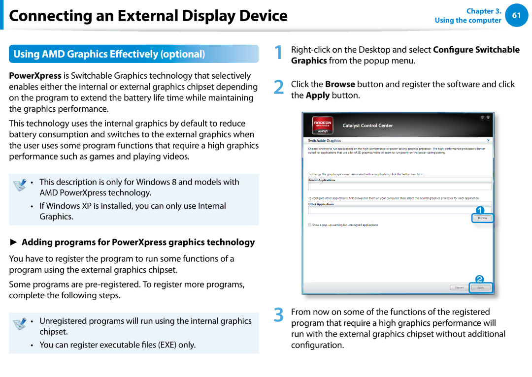 Samsung NP700Z7C-S03US manual Using AMD Graphics Effectively optional, Adding programs for PowerXpress graphics technology 