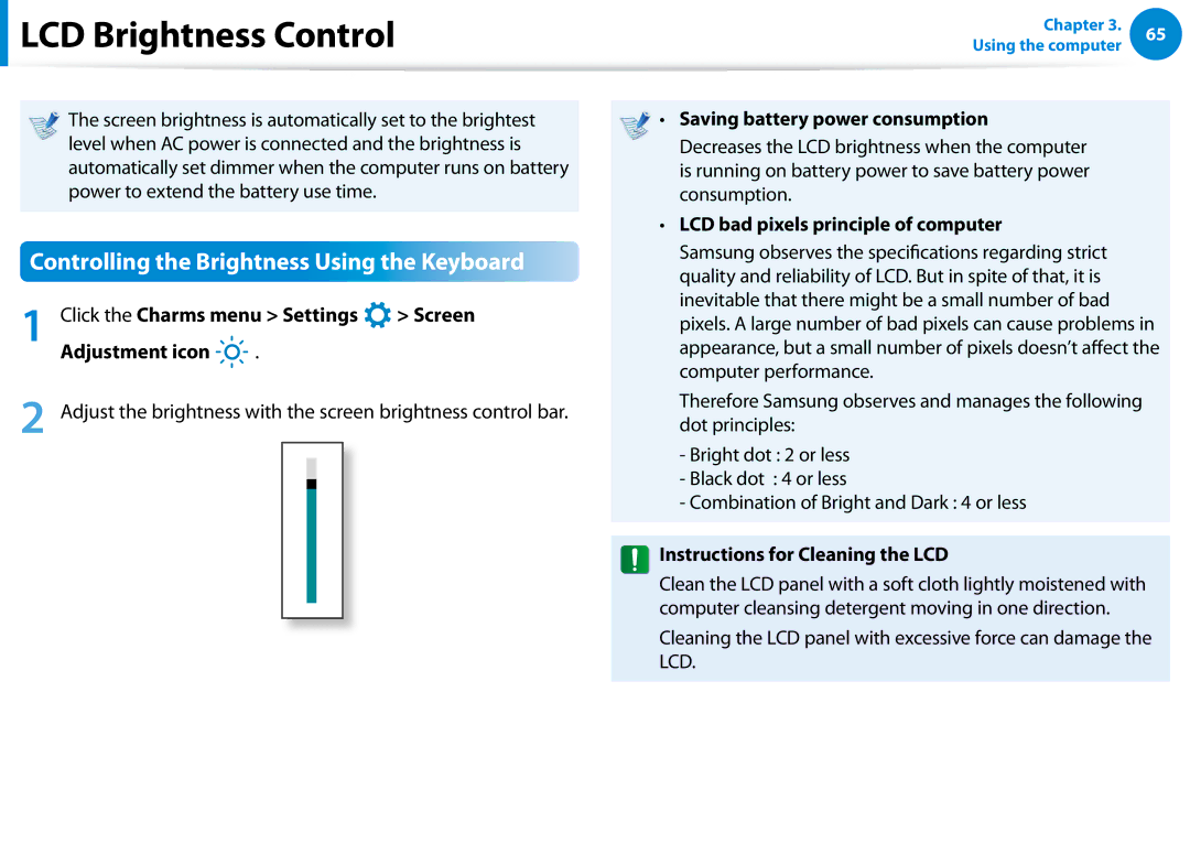 Samsung NP700Z5C-S04US, NP700Z5C-S02US manual LCD Brightness Control, Controlling the Brightness Using the Keyboard 