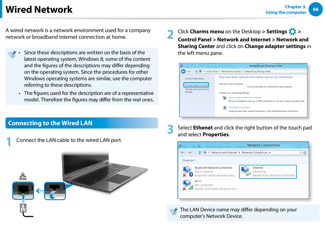 Samsung NP700Z5C-S02US manual Wired Network, Connecting to the Wired LAN, Connect the LAN cable to the wired LAN port 