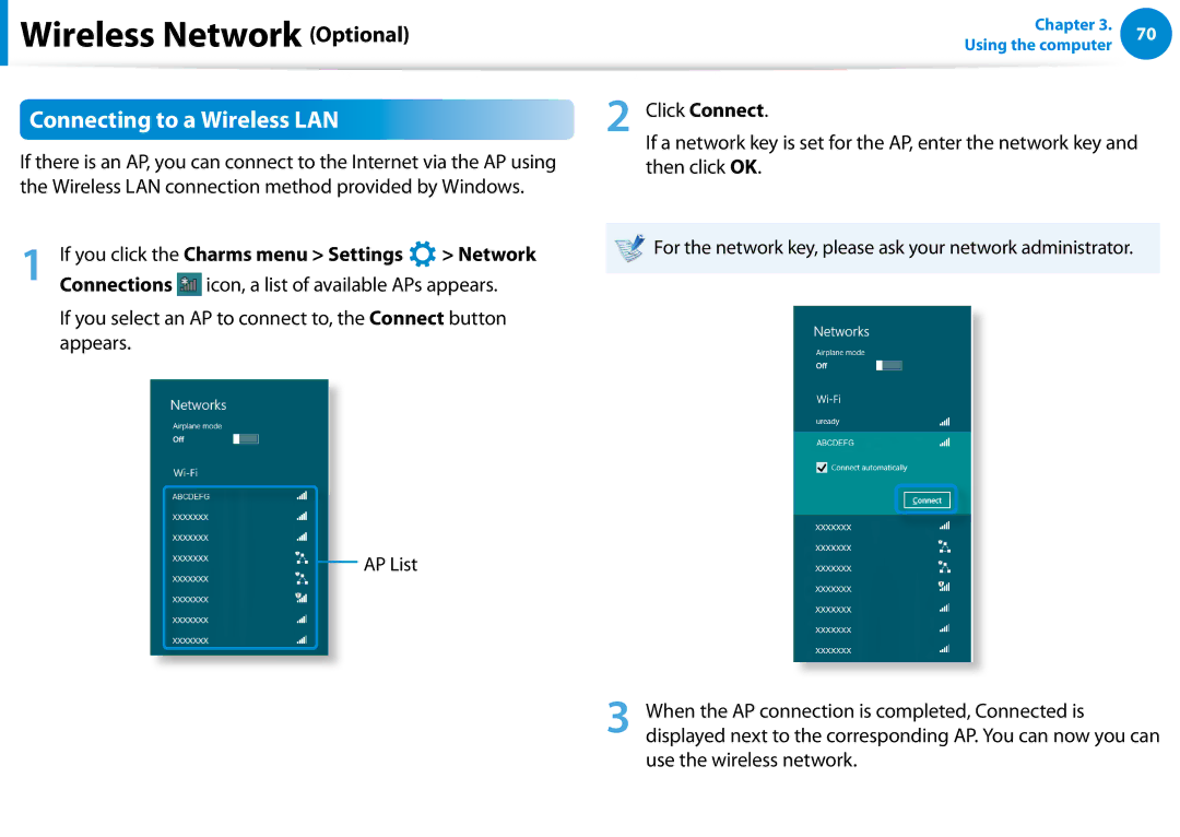 Samsung NP700Z7C-S03US, NP700Z5C-S04US, NP700Z5C-S02US Connecting to a Wireless LAN, If you click the Charms menu Settings 