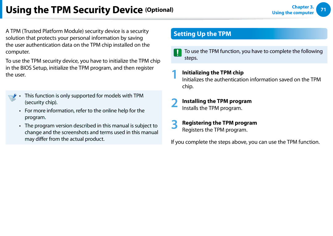 Samsung NP700Z5C-S04US manual Using the TPM Security Device Optional, Setting Up the TPM, Initializing the TPM chip 