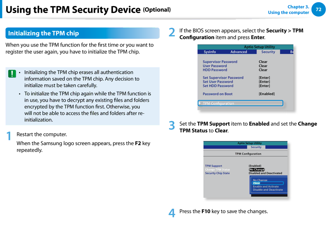 Samsung NP700Z5C-S02US, NP700Z5C-S04US manual Initializing the TPM chip, Repeatedly, Press the F10 key to save the changes 