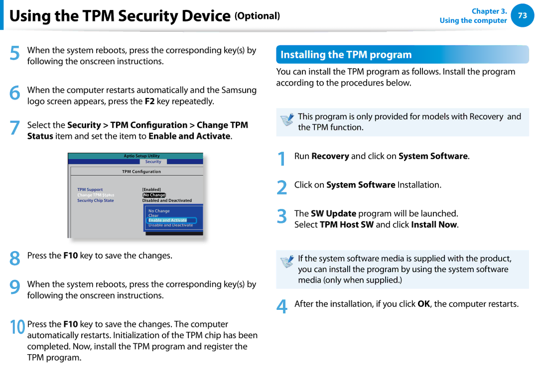 Samsung NP700Z7C-S03US, NP700Z5C-S04US, NP700Z5C-S02US Using the TPM Security Device Optional, Installing the TPM program 