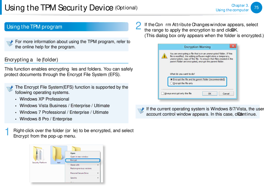 Samsung NP700Z5C-S02US, NP700Z5C-S04US manual Using the TPM program, Encrypting a file folder, Encrypt from the pop-up menu 