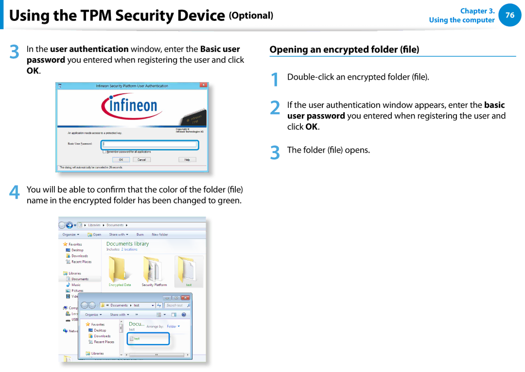 Samsung NP700Z7C-S03US, NP700Z5C-S04US Opening an encrypted folder file, Double-click an encrypted folder file, Click OK 