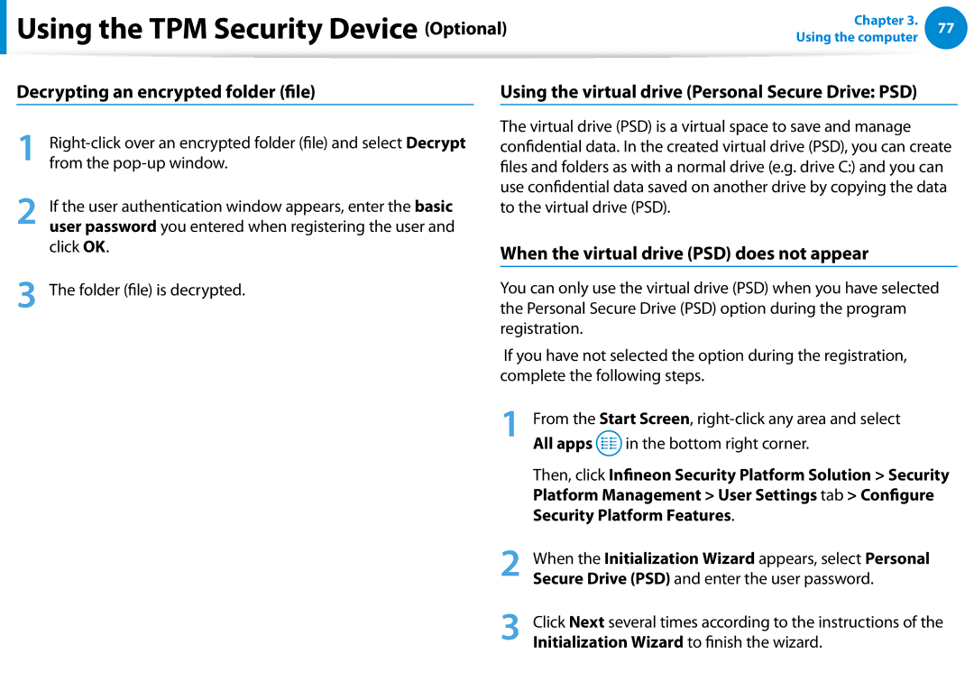 Samsung NP700Z5C-S04US manual Decrypting an encrypted folder file, Using the virtual drive Personal Secure Drive PSD 