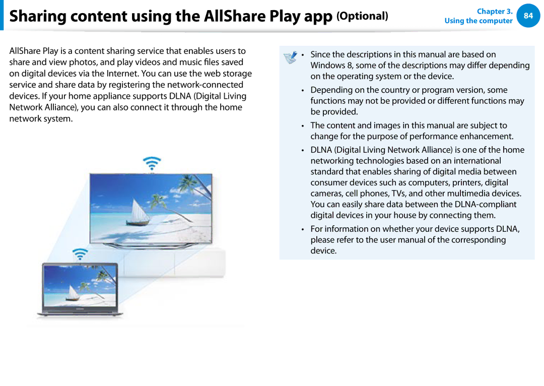 Samsung NP700Z5C-S02US, NP700Z5C-S04US, NP700Z7C-S03US manual Sharing content using the AllShare Play app Optional 
