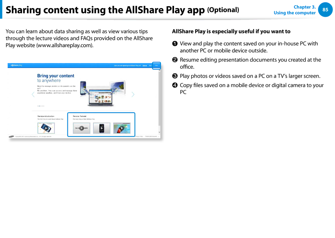 Samsung NP700Z7C-S03US, NP700Z5C-S04US, NP700Z5C-S02US manual AllShare Play is especially useful if you want to 