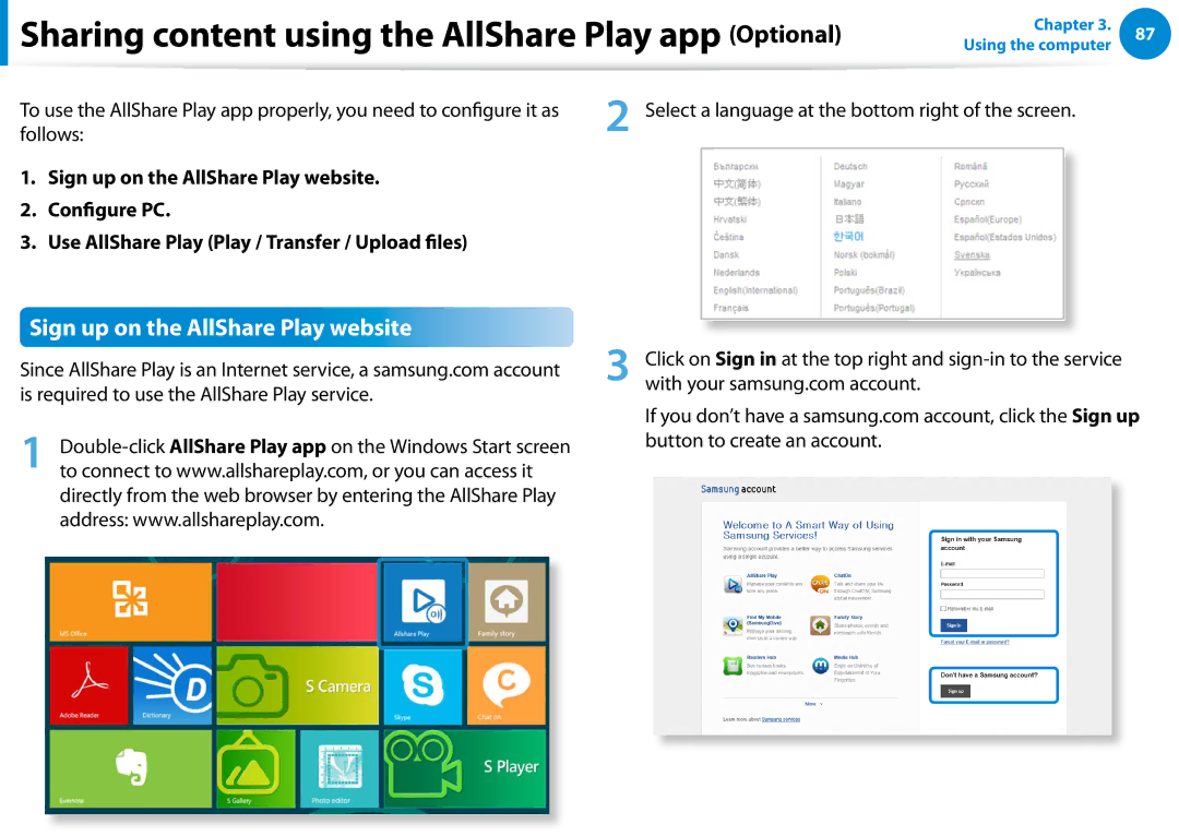 Samsung NP700Z5C-S02US, NP700Z5C-S04US, NP700Z7C-S03US manual Sign up on the AllShare Play website 