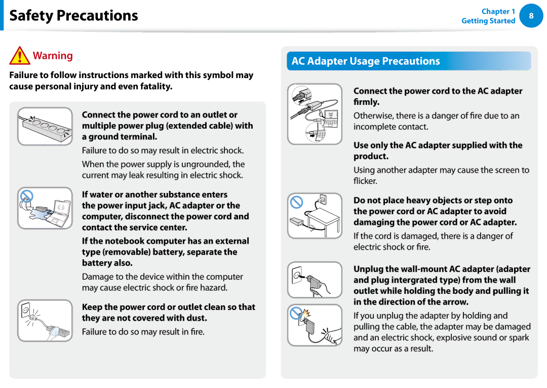 Samsung NP700Z5C-S04US, NP700Z5C-S02US manual AC Adapter Usage Precautions, Connect the power cord to the AC adapter firmly 