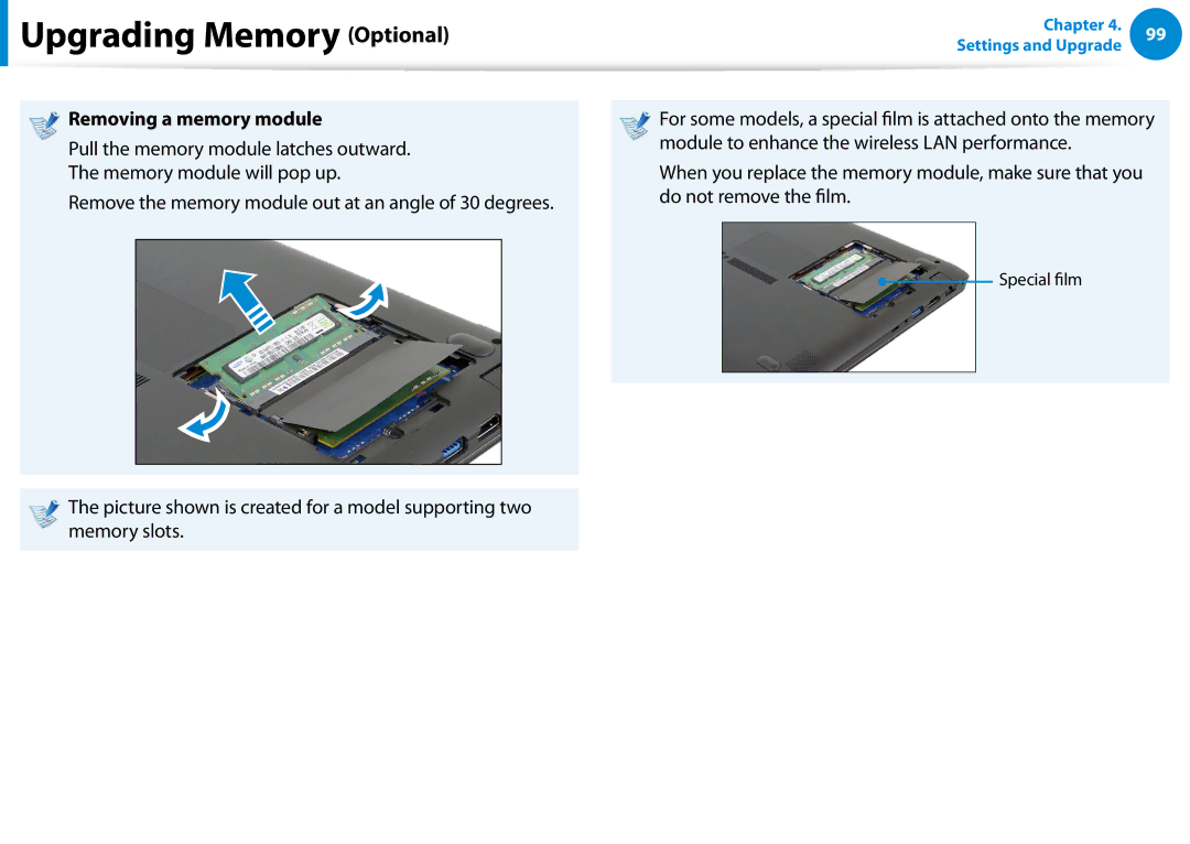 Samsung NP740U3EK01US, NP540U4E-K03US, NP740U3EK02US, NP540U4EK01US, NP540U4E-K01US manual Removing a memory module 