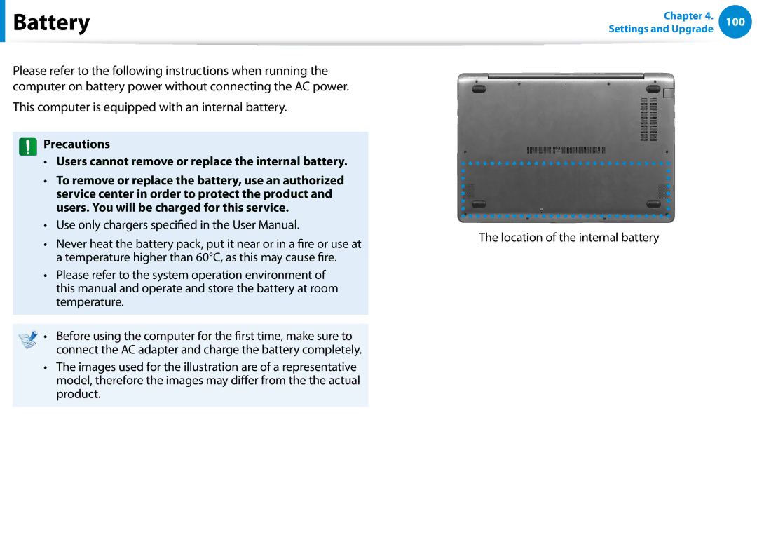 Samsung NP540U4E-K03US manual Battery, This computer is equipped with an internal battery, Location of the internal battery 