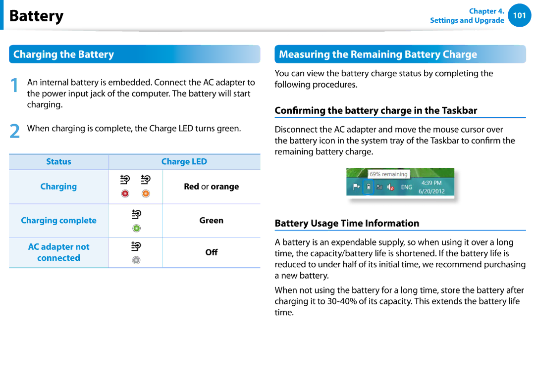 Samsung NP740U3EK02US manual Charging the Battery, Measuring the Remaining Battery Charge, Battery Usage Time Information 