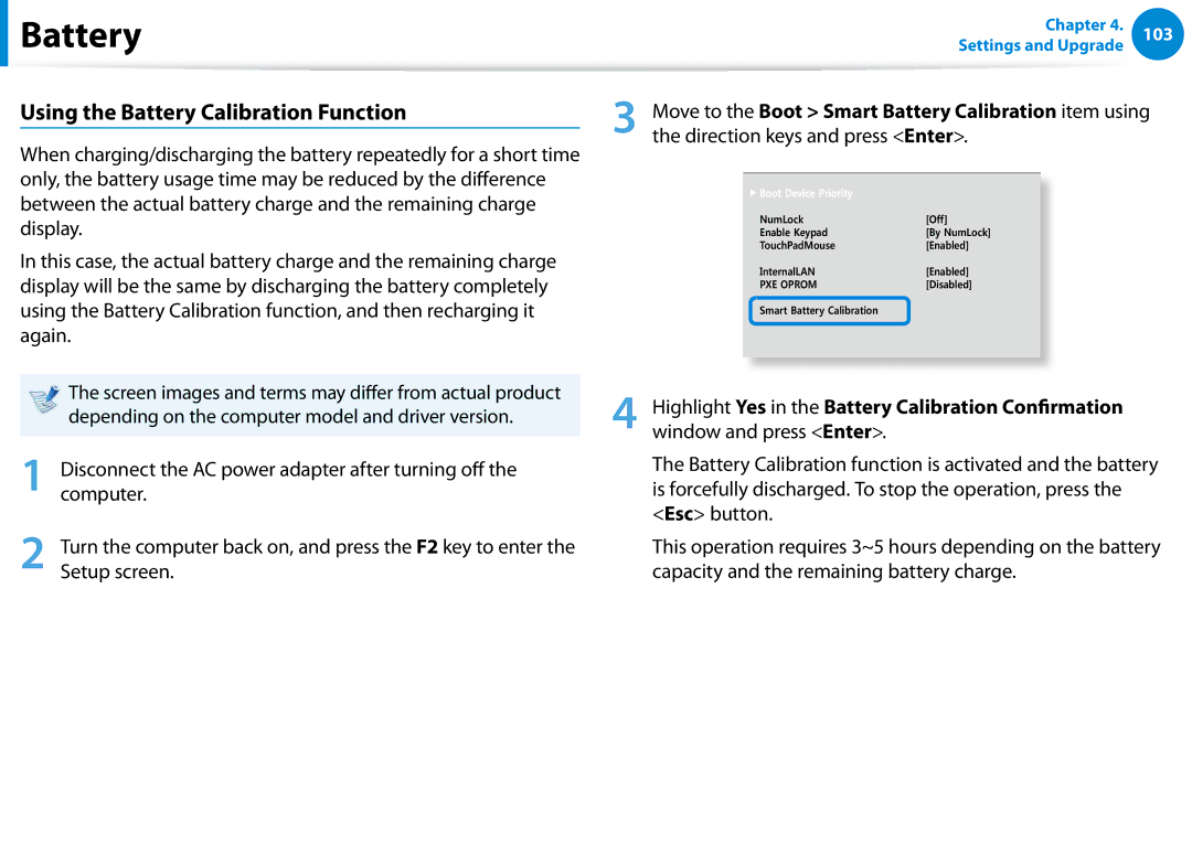 Samsung NP540U4E-K01US manual Using the Battery Calibration Function, Depending on the computer model and driver version 