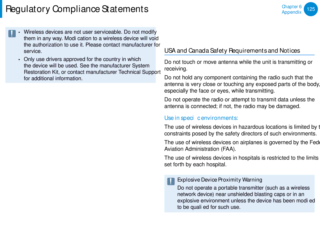 Samsung NP540U4E-K03US, NP740U3EK01US manual United States of America, USA and Canada Safety Requirements and Notices 