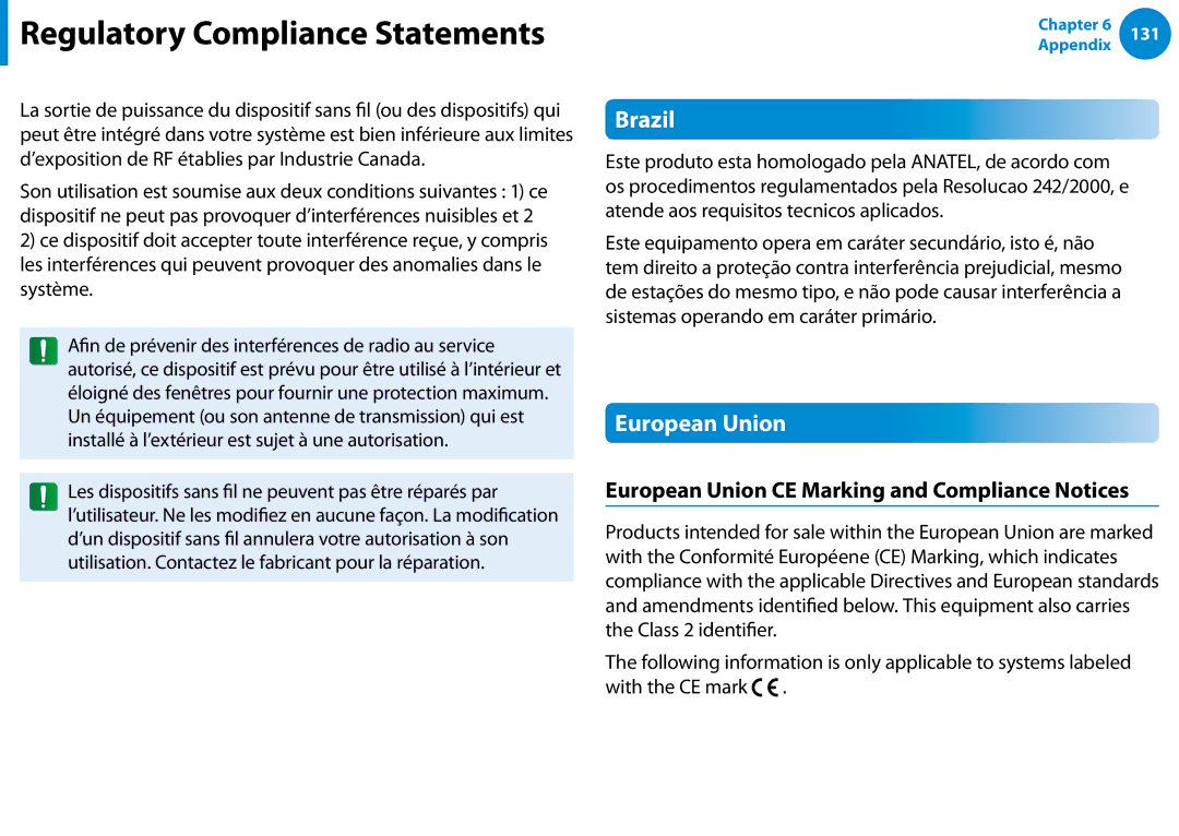 Samsung NP740U3EK02US, NP740U3EK01US, NP540U4E-K03US manual Brazil, European Union CE Marking and Compliance Notices 