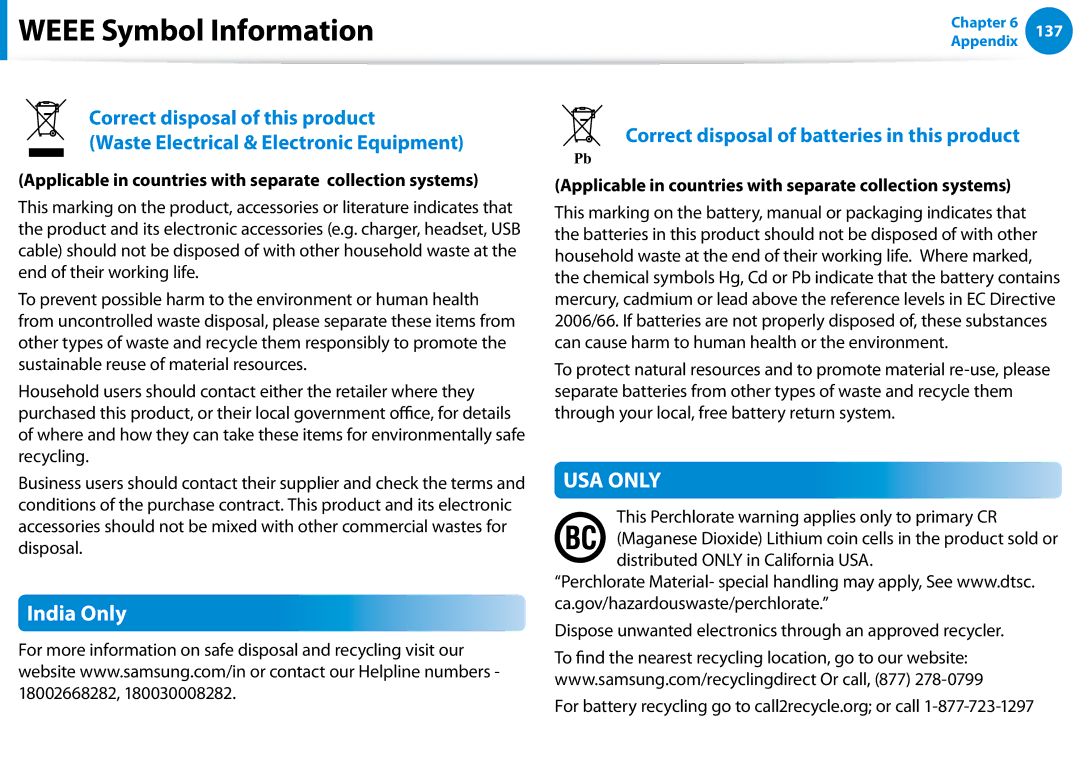 Samsung NP540U4EK01US manual Weee Symbol Information, India Only, Applicable in countries with separate collection systems 