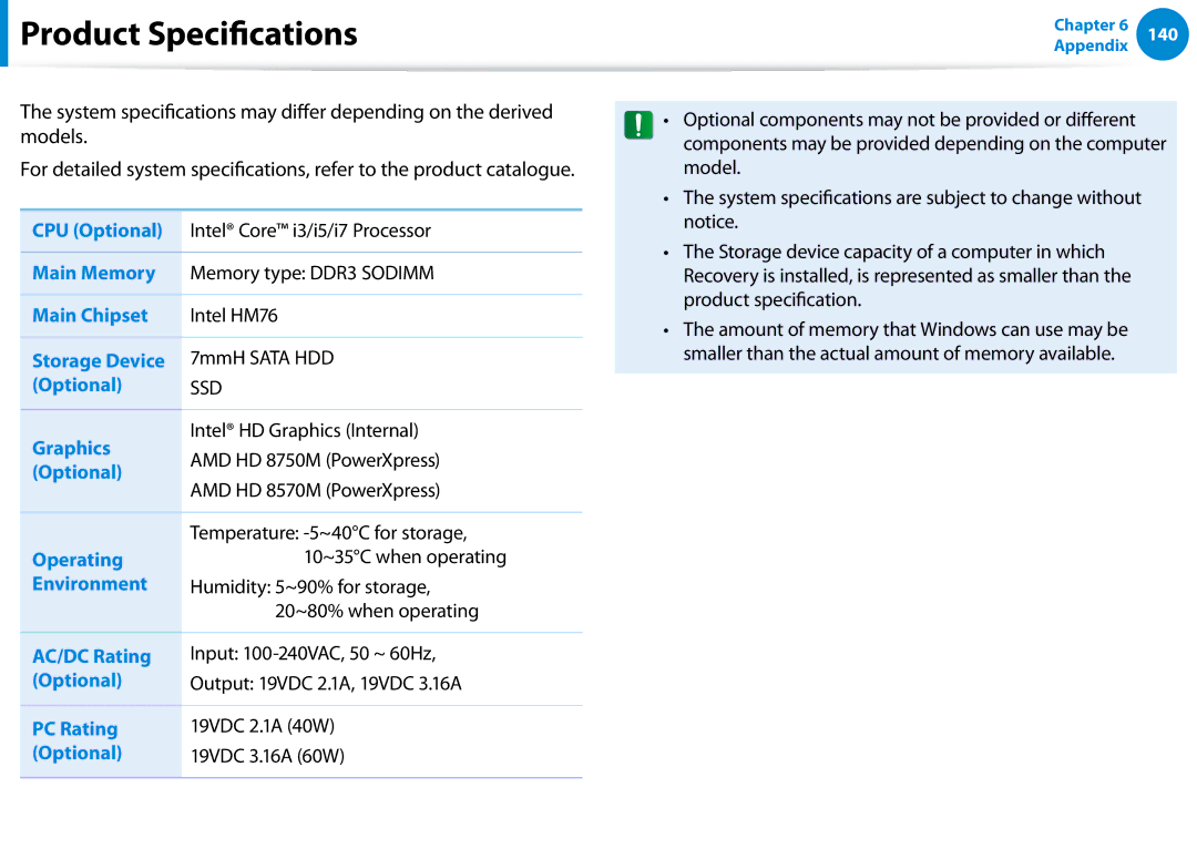 Samsung NP540U4E-K03US, NP740U3EK01US, NP740U3EK02US, NP540U4EK01US, NP540U4E-K01US manual Product Specifications 