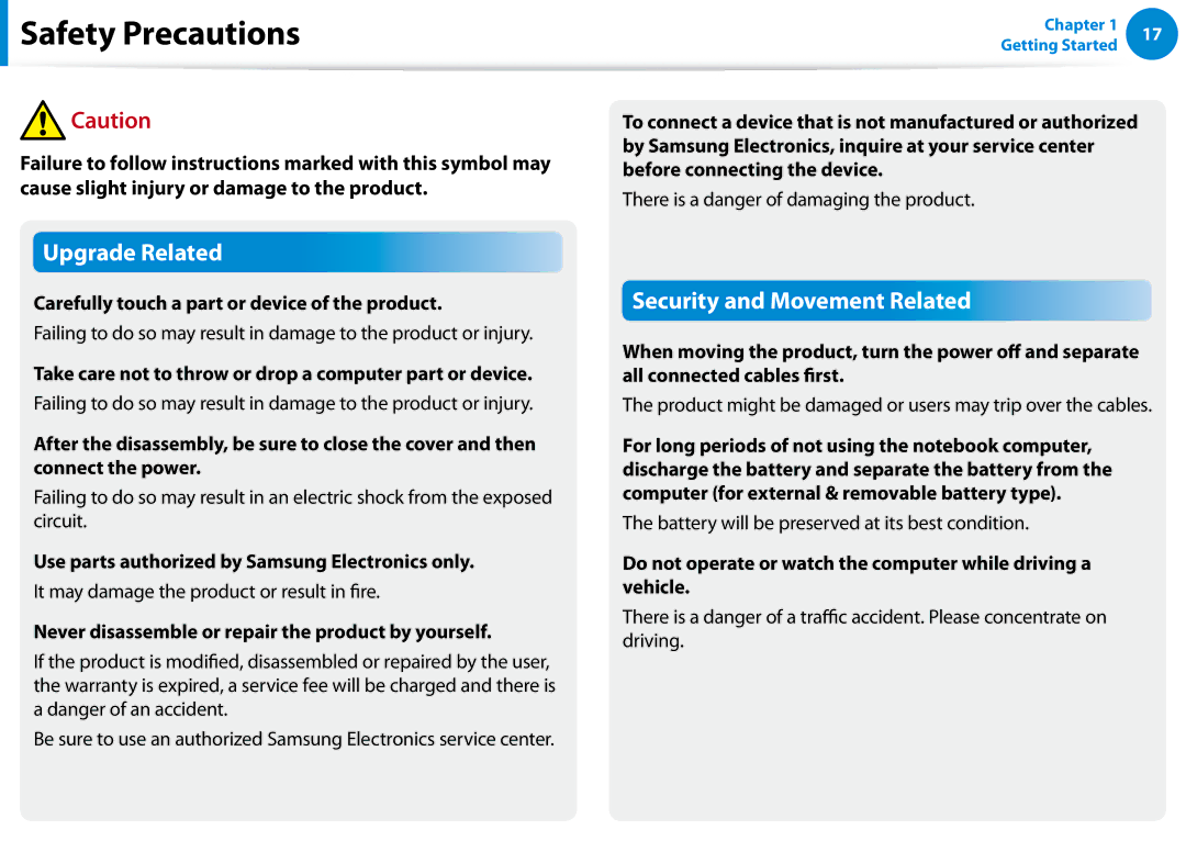 Samsung NP540U4EK01US Carefully touch a part or device of the product, Use parts authorized by Samsung Electronics only 