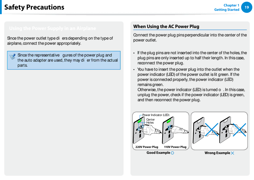 Samsung NP740U3EK01US, NP540U4E-K03US, NP740U3EK02US Using the Power Supply in an Airplane, When Using the AC Power Plug 