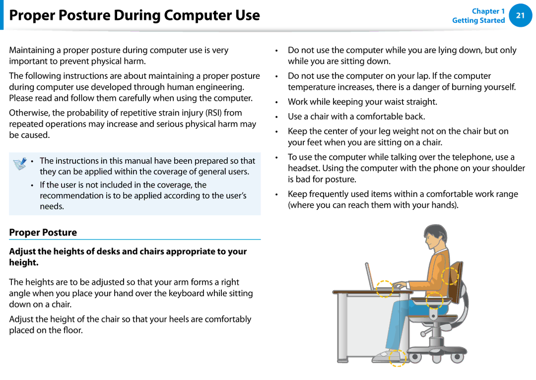 Samsung NP740U3EK02US, NP740U3EK01US, NP540U4E-K03US, NP540U4EK01US, NP540U4E-K01US manual Proper Posture During Computer Use 