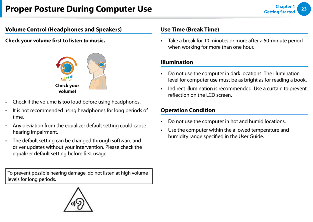 Samsung NP540U4E-K01US Volume Control Headphones and Speakers, Use Time Break Time, Illumination, Operation Condition 