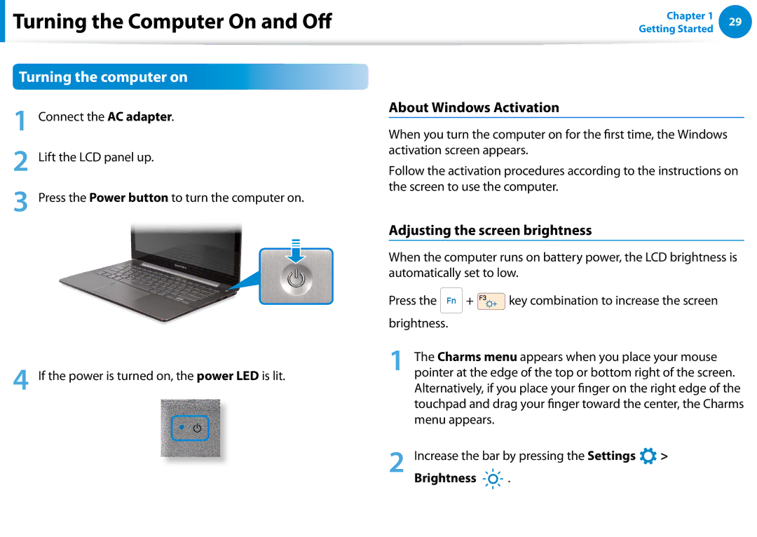 Samsung NP740U3EK01US manual Turning the Computer On and Off, Turning the computer on, About Windows Activation, Brightness 