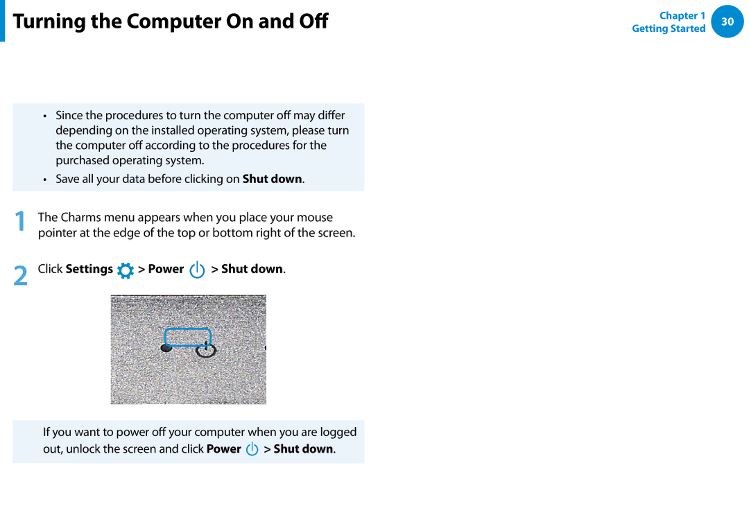 Samsung NP540U4E-K03US, NP740U3EK01US Turning the computer off, Purchased operating system, Click Settings Power Shut down 